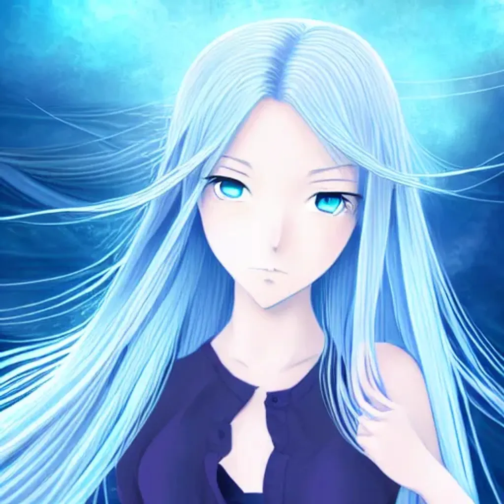 Prompt: anime portrait of a young adult woman with blue eyes and long, beautiful, intricate, wavy, flowing, baby blue hair, shimmer in the air,  digital art, looking into camera, 