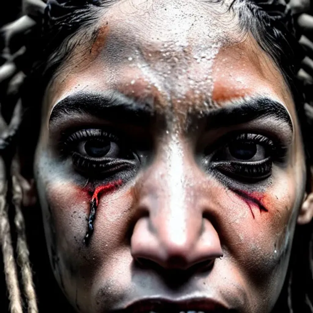 Prompt: Close-up of Alexandria Ocasio-Cortez in Hellblade: Senua's Sacrifice, emerging from black mud, long hair with dreads, war blue paint, paint fading, angry expression, dirty face, finely detailed eyes, moody, viking clothes, epic scene, epic composition, Photography, Cinematic Lighting, Volumetric Lighting, ethereal light, intricate details, extremely detailed volumetric rays