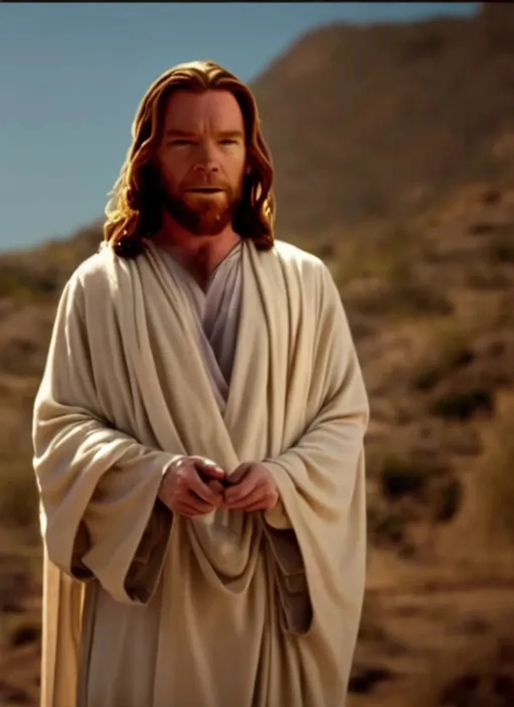 Prompt: A movie screenshot of Ewan McGregor as Jesus