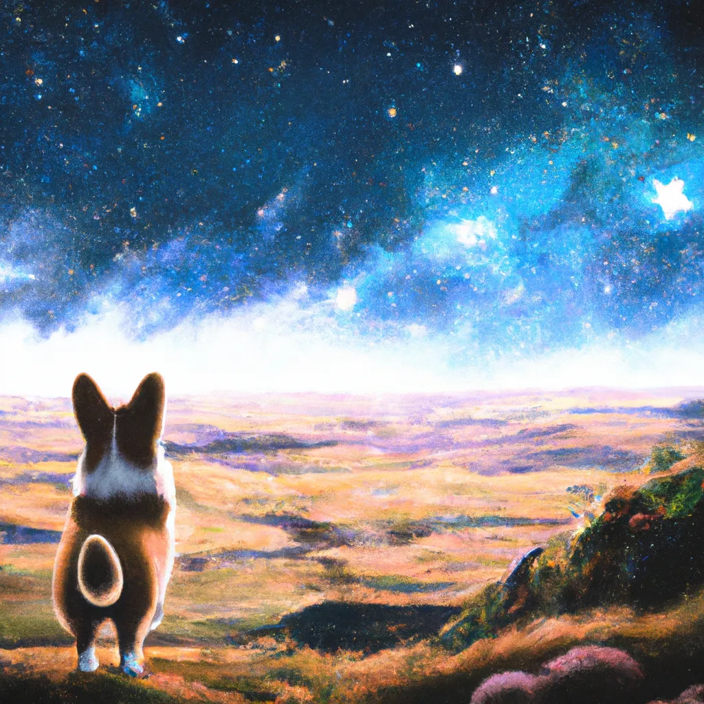 Prompt: corgi looking at outer space, extremely beautiful and scenic still from an anime by makoto shinkai, highly detailed