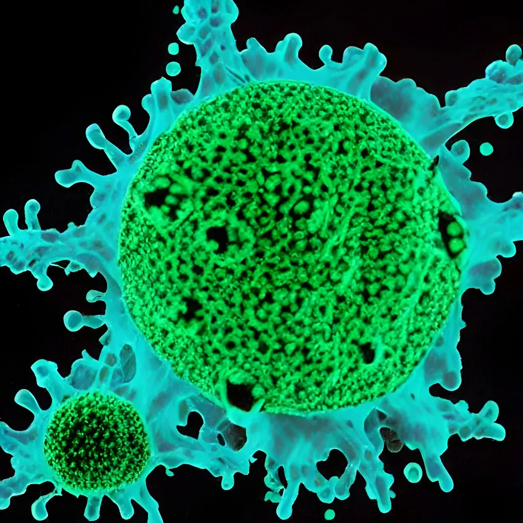 Prompt: coronavirus being destroyed by dendritic cell microscopy, bioluminescence, detailed, vivid colors