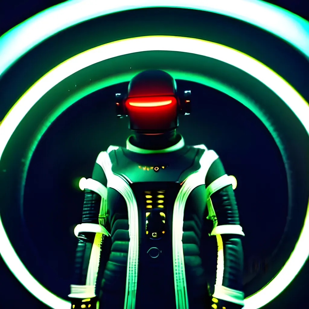 Prompt: Moody Portrait of a Futuristic Cyberpunk Space Suit,facing towards the camera with swagger,Cinematic Stanley Kubrick movie still with the iconic big circular ring lights in the background, 8K, digital art, unreal engine 5 render, octane render, photorealistic, photography, professional lighting and composition, award winning, intricate details, iconic movie shot by Stanley Kubrick with ring lights