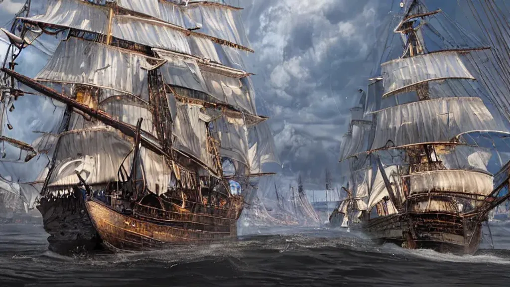 Prompt: a big sailing ship in heavy sea, hypermaximalistic, high details, cinematic, 8k resolution, beautiful detailed, insanely intricate details, artstation trending, octane render, unreal engine,