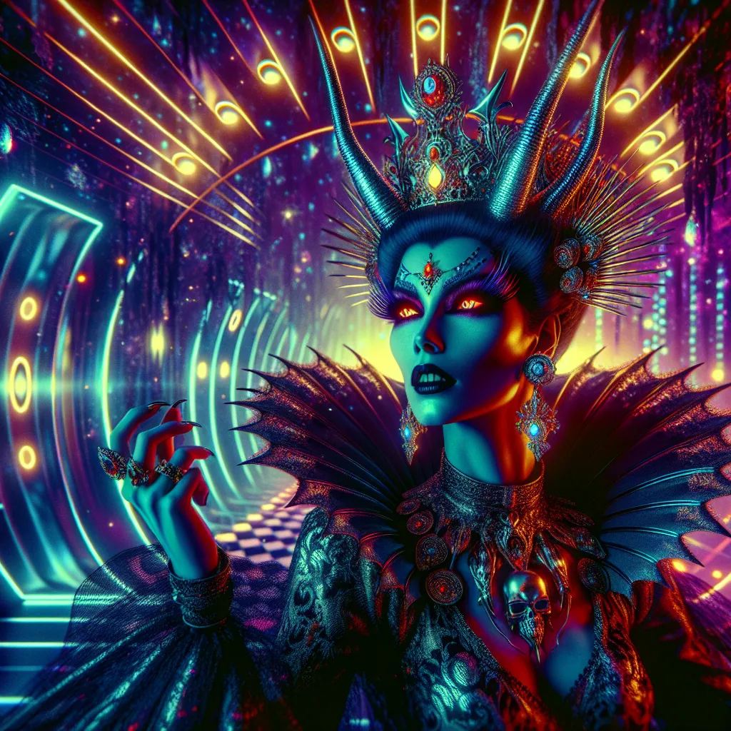 Prompt: Beautiful queen of succubi, demonic figure in a gothic vaporwave setting, dynamic pose, beauty, neon lights casting a dramatic glow, retro aesthetic, high definition, dramatic lighting, demonic, high quality, liminal, vivid colors, detailed features, atmospheric, haunting vibe, surreal, retro-futuristic, intense gaze, otherworldly, dark and unsettling, eerie