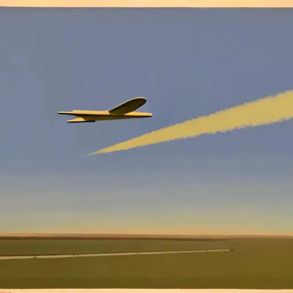 Prompt: warplane flying above farmland, delicate details, soft colors, Charles Sheeler style