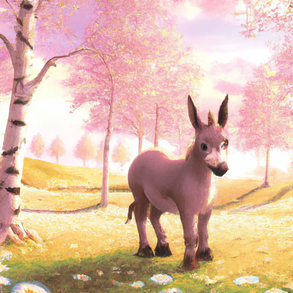 Prompt: a cute fuzzy donkey, adorable, in a field of flowers, birch trees, anime, animated, animation, scenic, beautiful, soft light, gold and pink light, key visual