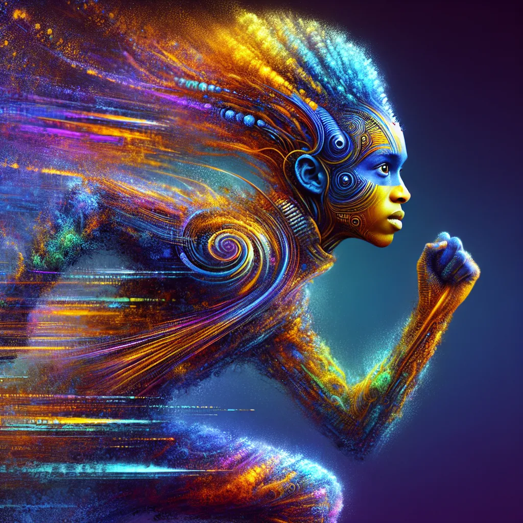 Prompt: full body running Woman with blue and gold skin on face and body, weird hair, exploding colorful head, colorful burst, open detailed eyes, airbrush painting, highres, detailed, neo-primitivism, biopunk, neon colors, surreal, airbrushed details, abstract, professional, vibrant lighting