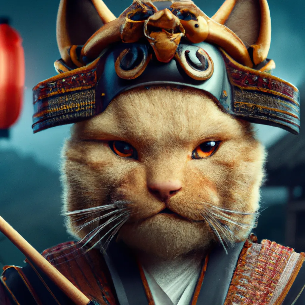 Prompt: samurai cat, photorealistic, perfect composition, beautiful detailed intricate insanely detailed octane render trending on artstation, 8 k artistic photography, photorealistic concept art, soft natural volumetric cinematic perfect light, chiaroscuro, award - winning photograph, masterpiece, oil on canvas, raphael, caravaggio, greg rutkowski, beeple, beksinski, giger, moody lighting, 8 k resolution, octane render, trending on artstation, by h. r. giger and greg rutkowski, haze, ultra-detailed, film photography, light leaks, Larry Bud Melman, trending on artstation, sharp focus, studio photo, intricate details, highly detailed, by greg rutkowski, Nikon D3100 | ISO 450 | focal length 50 mm (Sigma 50mm f1.5) | aperture f/4 | exposure time 1/250 Sec (DRI) 