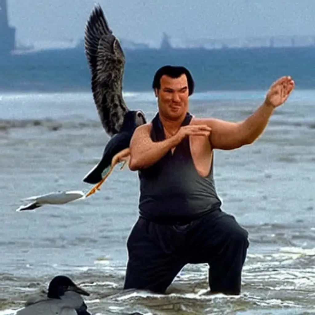 Prompt: Steven Seagal stuffing a seagull