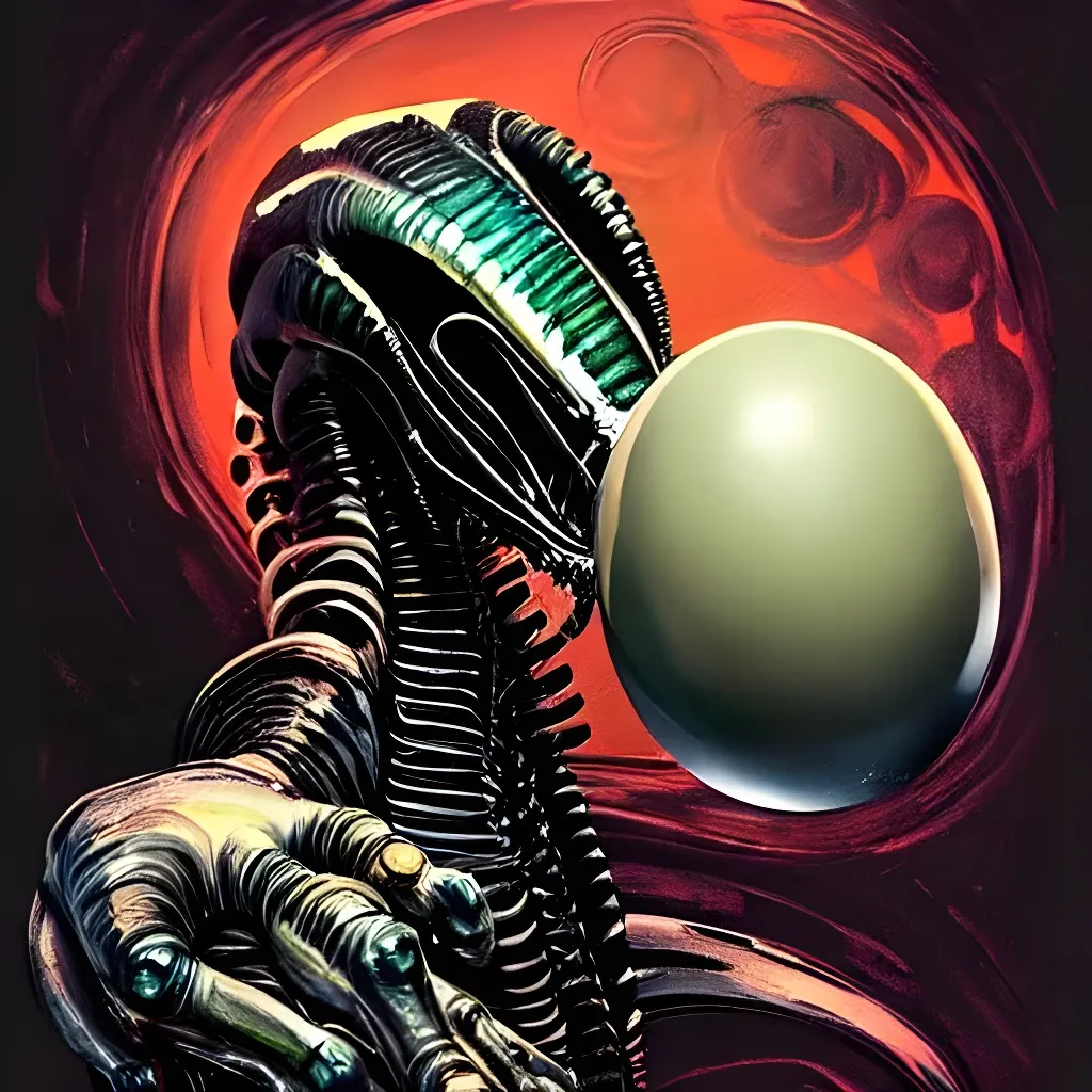 Prompt: a xenomorpf holding it's egg, Speedpaint with large brush strokes by Frank Frazetta, Junji Ito, Ismail Inceoglu, , Gazelli, M.W. Kaluta, richard anderson, paint splatter, a masterpiece, 8k resolution, trending on artstation, terrifying, highly detailed and intricate