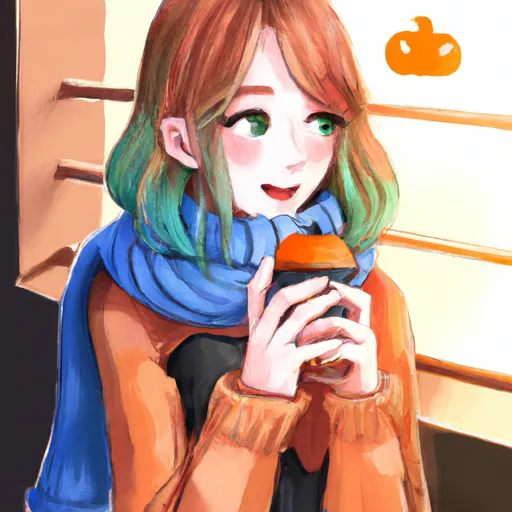 Prompt: American shot anime key visual of an enthusiastic anime girl wearing a cozy winter outfit, watching her pumpkin spiced latte excitedly, contrasted and bright; brown, orange, green and dark blue color palette; Digital art, trending on artstation, Photorealistic Illustration, anime key visual, cinematic, Ultra Detailed