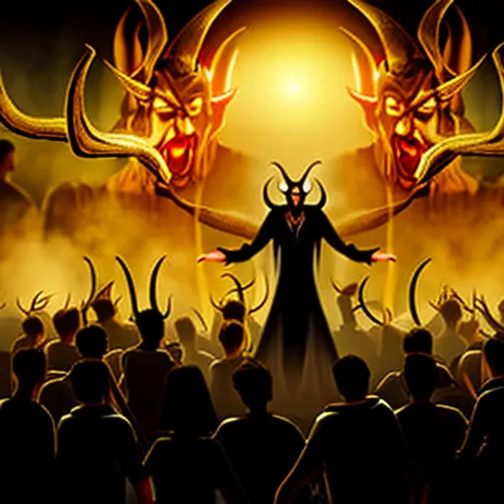 Prompt: dramatic dark atmosphere, crowds of people kneeling around, male vampire with horns wrapped in golden fog, hyperdetailed, artstation, standing above crowd