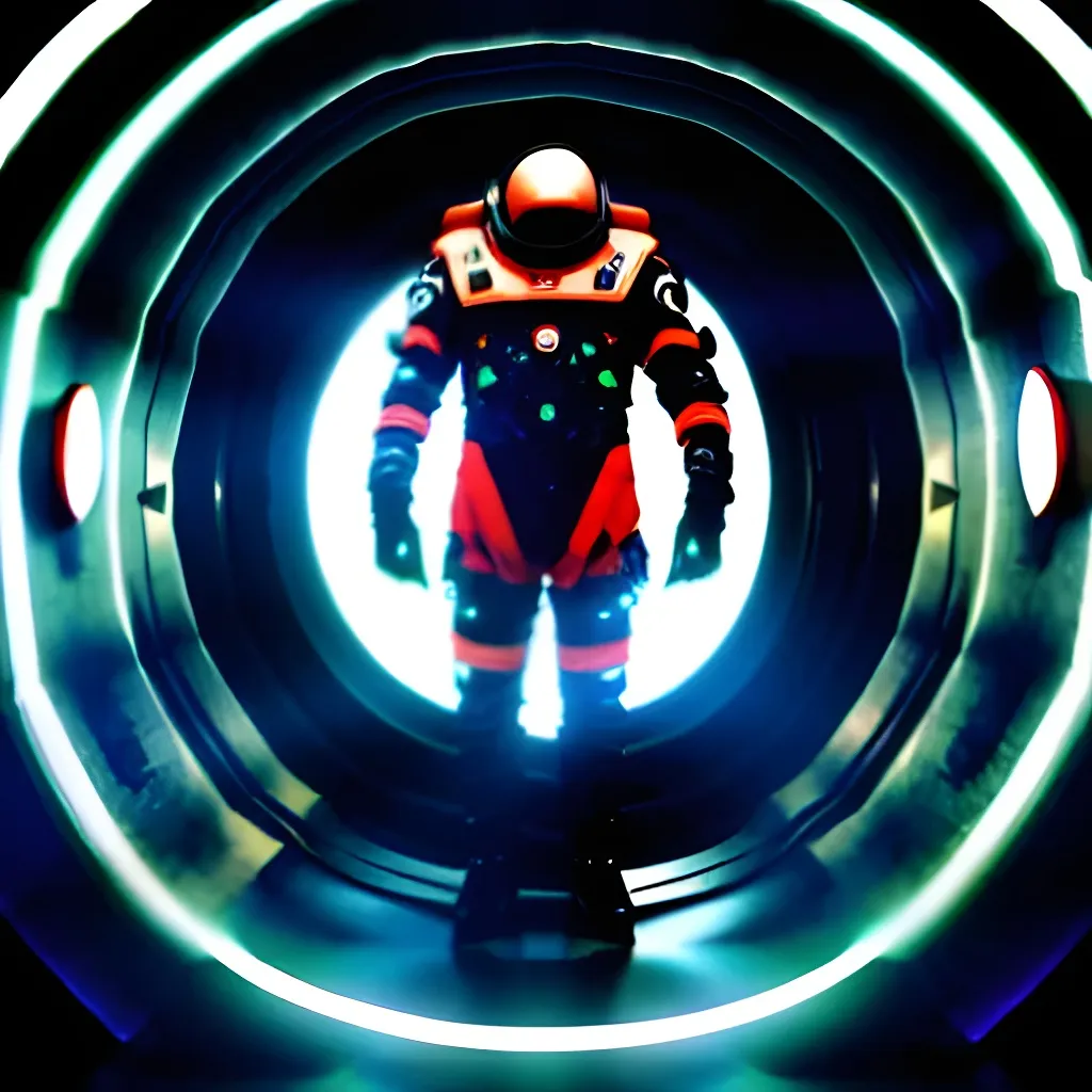 Prompt: Moody Portrait of a Futuristic Cyberpunk Space Suit,facing towards the camera with swagger,Cinematic Stanley Kubrick movie still with the iconic big circular ring lights in the background, 8K, digital art, unreal engine 5 render, octane render, photorealistic, photography, professional lighting and composition, award winning, intricate details, iconic movie shot by Stanley Kubrick with ring lights
