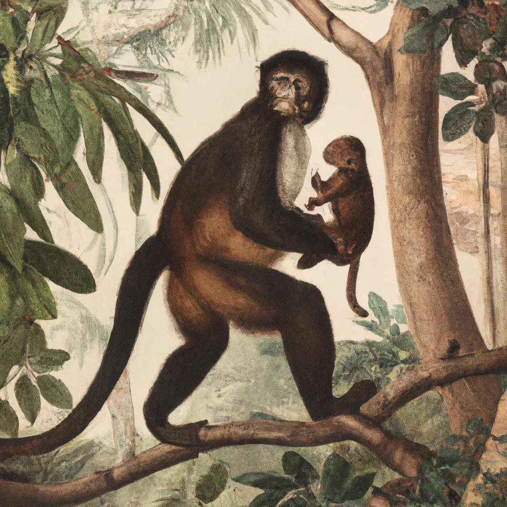 Prompt: 1800s painting of big monkey holding up small monkey in jungle 