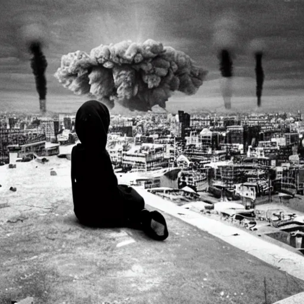 Prompt: girl sitting on top of dark bulding while  an atom bomb falls on ´
 broken city
