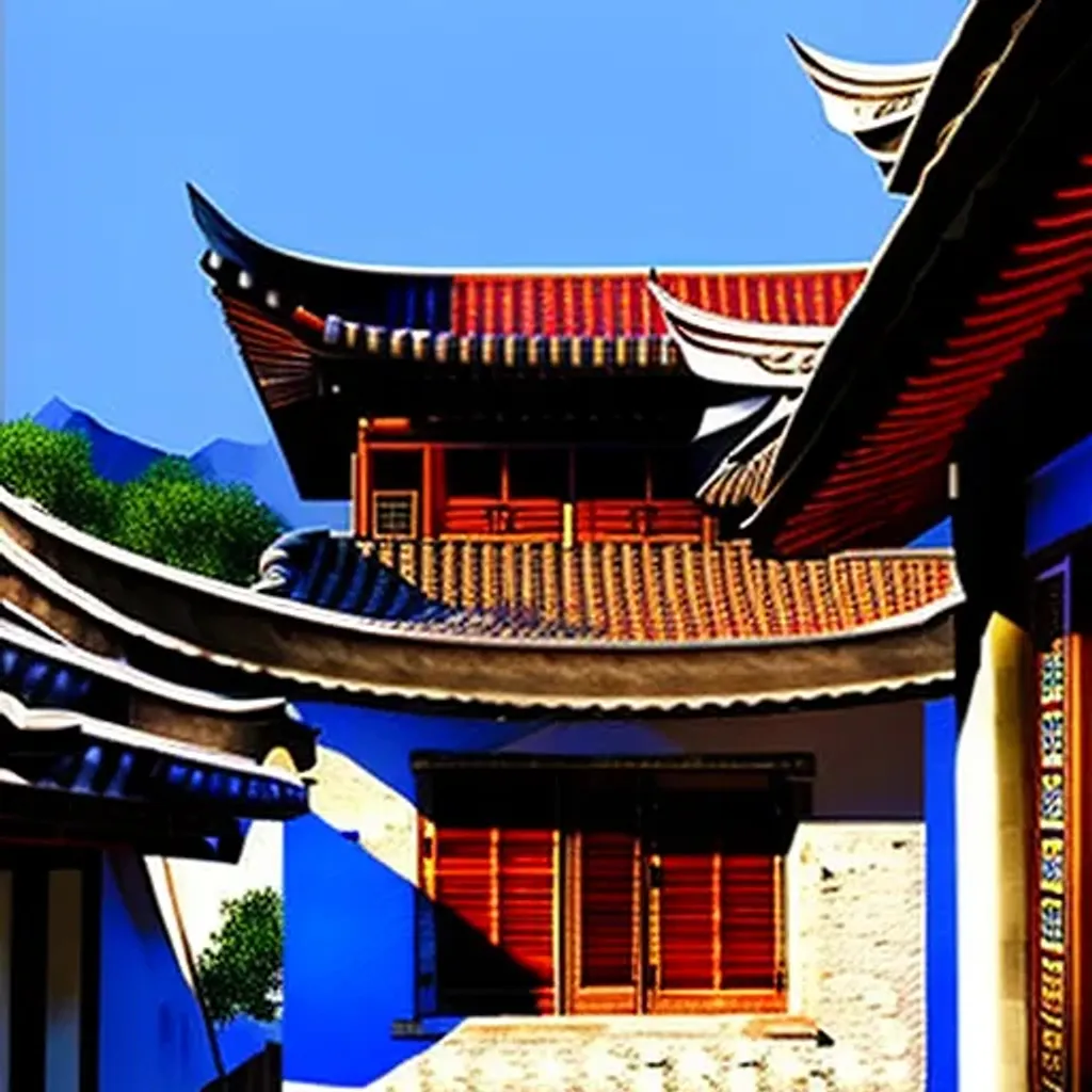 Prompt: A blend of Greek and Chinese architecture, tiled roofs, timber frame construction, photograph, broad light, cinematic lighting, rich lighting, vivid colors, highly detailed