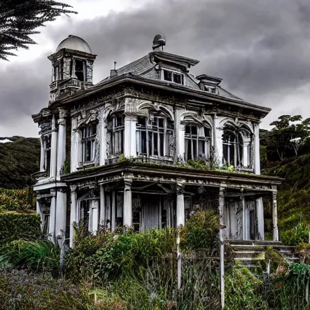 Prompt: Abandoned Edwardian homes in Wellington New Zealand, Photorealistic, hyper detailed, lush