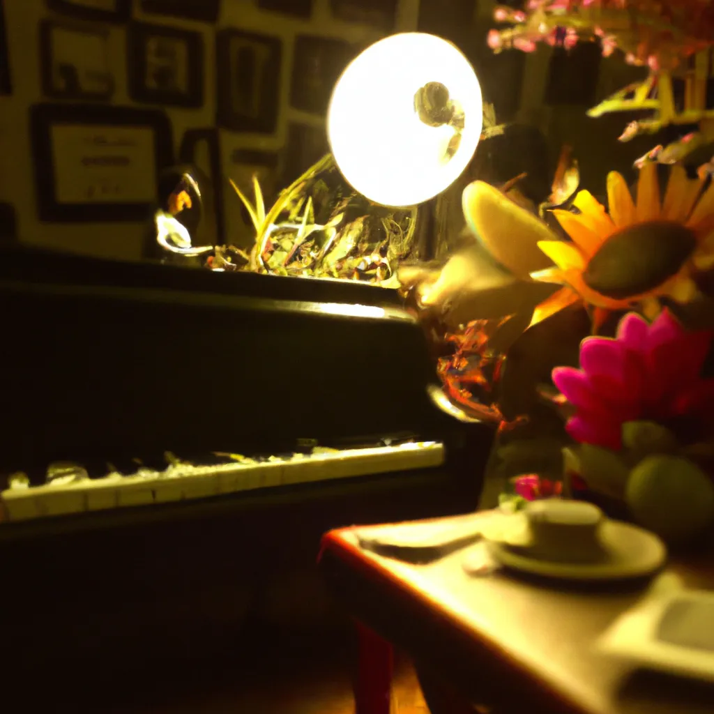 Prompt: Bee pollinating a beautiful flower scene | through the lens | man playing a piano  | living room | pulp fiction diorama | dimly lit interior |