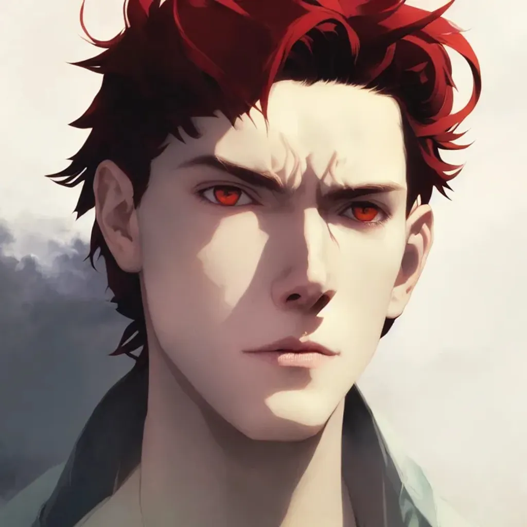 Prompt: Portrait of young fantasy man with red hair and with cute face, sharp jawline, symetrical face, in the darkness, perfect composition, by ilya kuvshinov, greg rutkowski and makoto shinkai, garden, art by Alan Lee