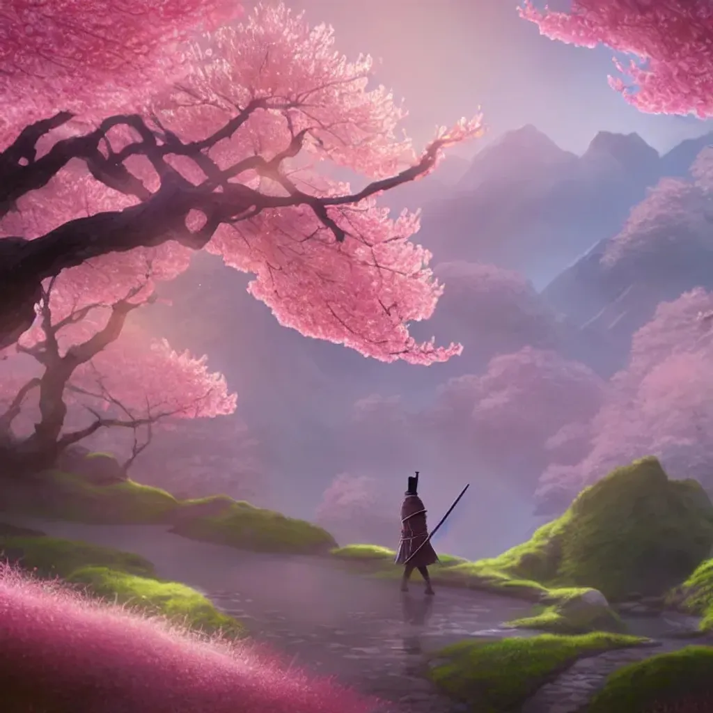 Prompt: Lone samurai in a valley of cherry blossoms, highly detailed illustration, 8k, highly detailed, ultra-rendered, atmospheric, beautiful, concept art, art station, HD