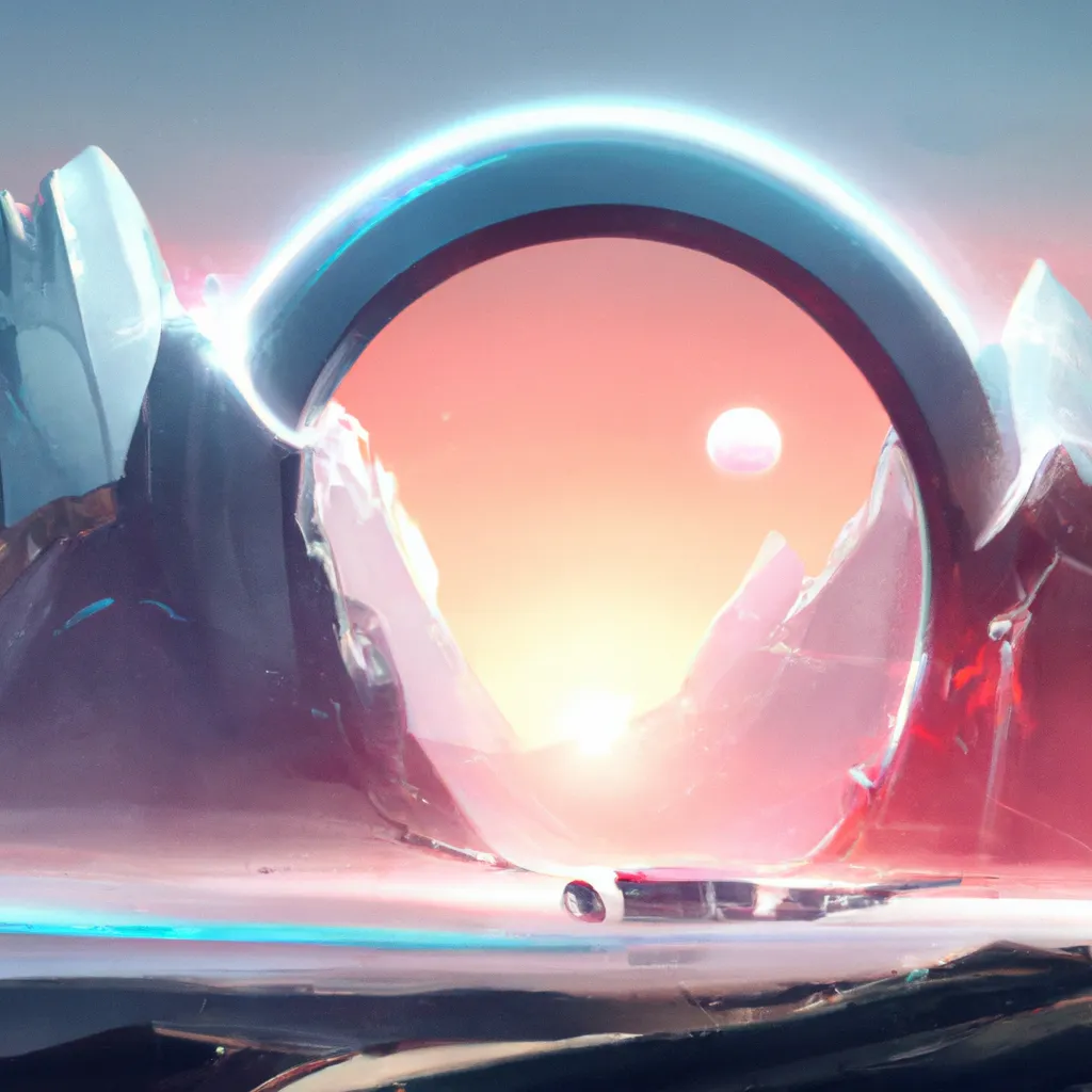 Prompt: a painting of a futuristic arc with mountains in the background, concept art by Zoltan Boros, trending on Artstation, altermodern, anamorphic lens flare, concept art, parallax