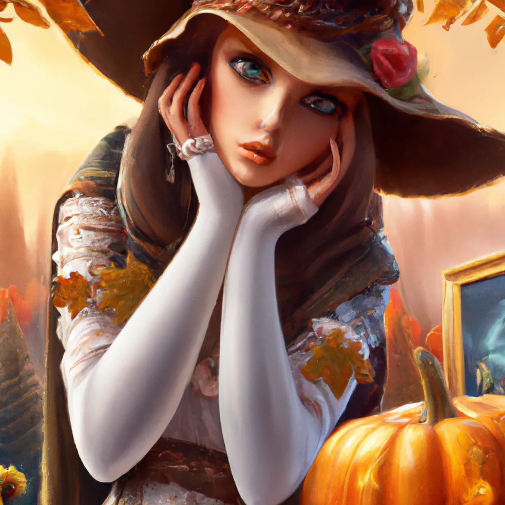 Prompt: Detailed hyper realistic ultra realistic sharp clear digital airbrush by Anna Dittmann, preston blair, Tom Bagshaw, eyvind earle, tim Burton, Gil Elvgren. Movie still poster of A Scary Haunted Horror spooky ghost woman in a autumn landscape. Desire love ghosts friendship blessings femininity strength healing ecology pumpkins lillies magic steampunk  robots. Playing Hide and seek.