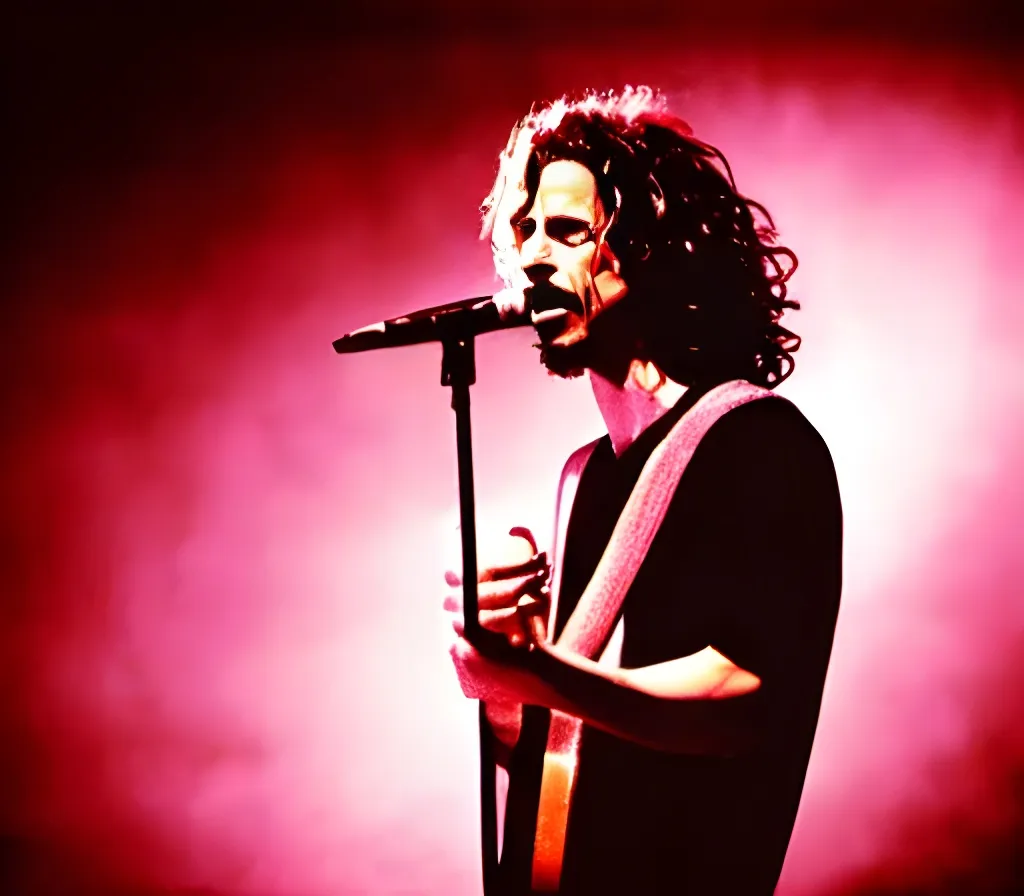 Prompt: singer Chris Cornell, early in his career, singing on stage, spotlight on Chris, stage moderately lit, textured grain photo, 35mm, photorealistic
