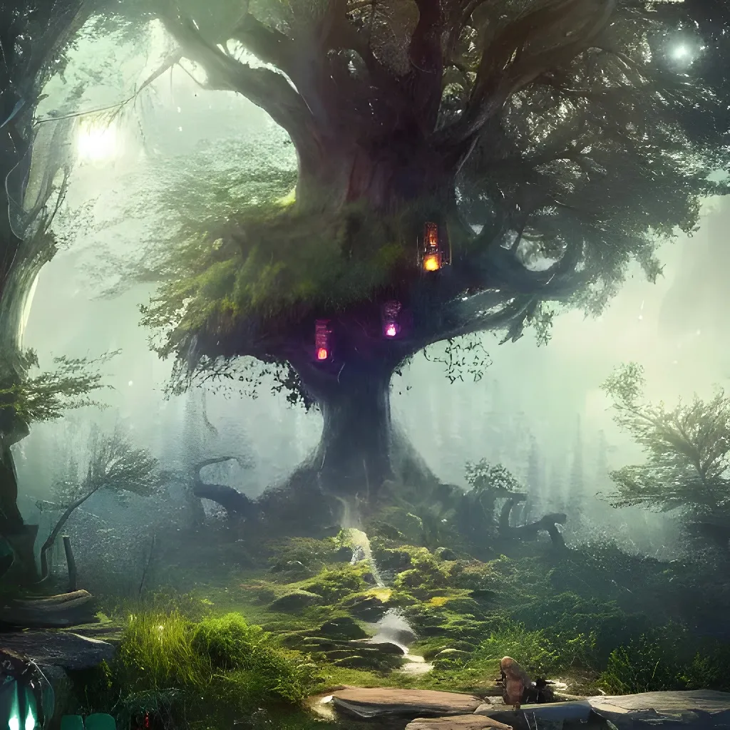 Prompt: a beautiful otherworldly fantasy landscape of a mysterious merchant behind an elm tree in a forest, magical artefacts for sale, gems on trees, wide angle, extreme detail, cinematic lighting, cryengine, deep colors, vray render, cgsociety, artstation, bioluminscent