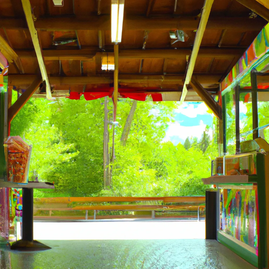 Prompt: View from the back of a bright, colorful candy shop in a beautiful, national park, looking toward the front of the shop.  The candy shop is full of cotton candy, bubblegum, lollipops, pixie sticks, and candy bars. Large window facing the forest. Lo-Fi, Anime, HD, 8k, 4k, High Resolution. 
