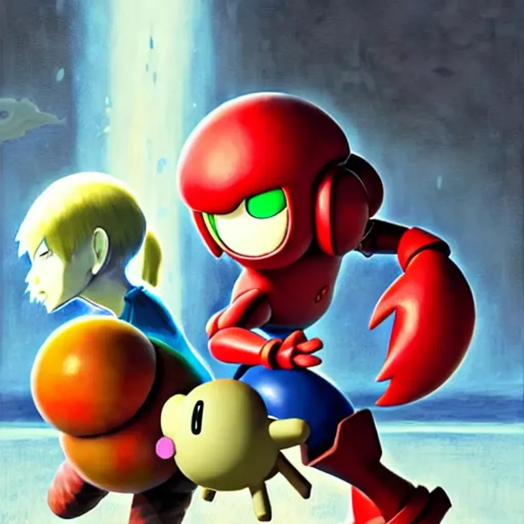 Prompt: goro fujita illustration, under world hell, painting by Kohei Horikoshi, sharp focus, high detail, Samus protecting Kirby, Nintendo64 style, HD quality