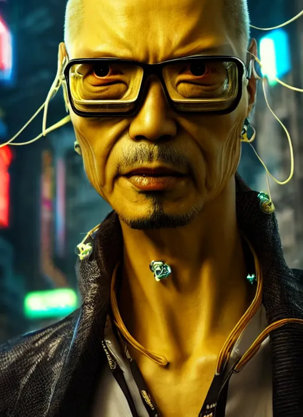 Prompt: Extremely detailed portrait of  cyberpunk old alien yakuza with yellow skin color, extremely detailed  cyberpunk street hyperrealistic background , 8k, high quality, concept art, trending on artstation, sharp focus, studio photo, intricate details, hyper detailed