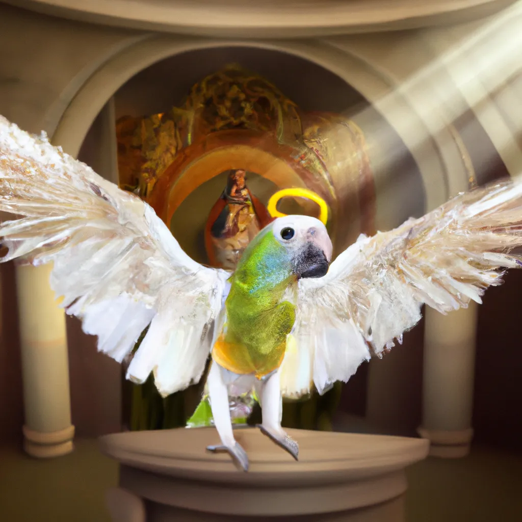 Prompt: a conure dressed in a white toga, wings open, halo, being worshipped, in a church, trending on art station, masterpiece, photo realistic 