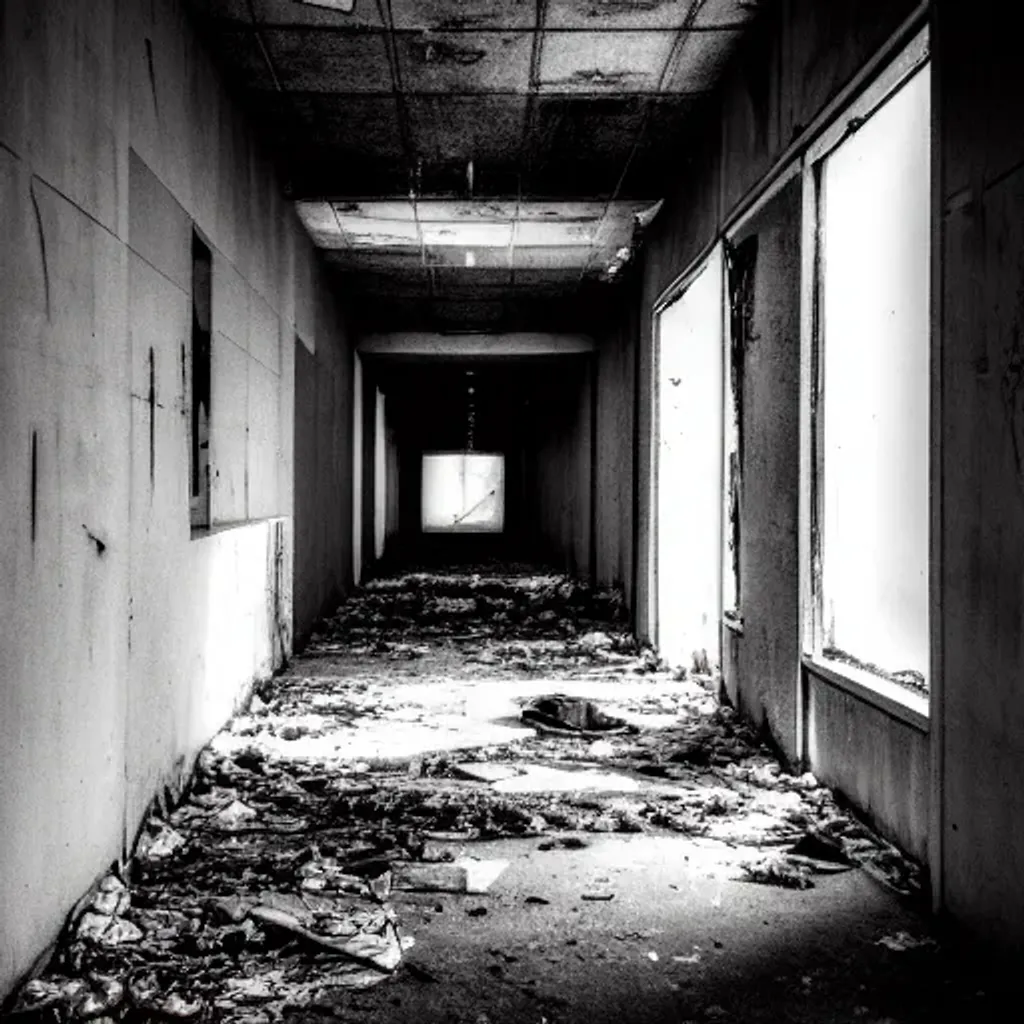 Prompt: abandoned concrete hallways, ground with garbage, covered windows and liminal space, dark