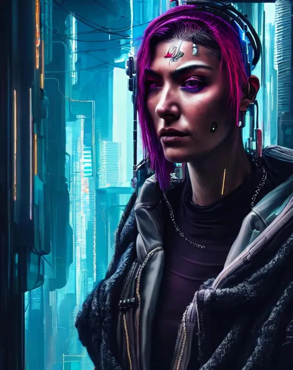 Prompt: Extremely detailed portrait of  cyberpunk random character, extremely detailed  cyberpunk street hyperrealistic background , 8k, high quality, concept art, trending on artstation, sharp focus, studio photo, intricate details, hyper detailed