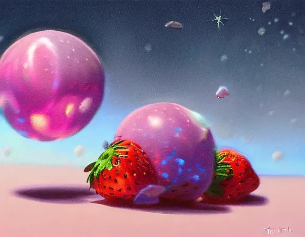 Prompt: Oil painting of a cosy vintage tiny cute fruit, strawberry, staring at the stars on an icy planet, octane render by weta digital, exotic colorful pastel, ray traced lighting and reflections by Yoji Shinkawa
  
  