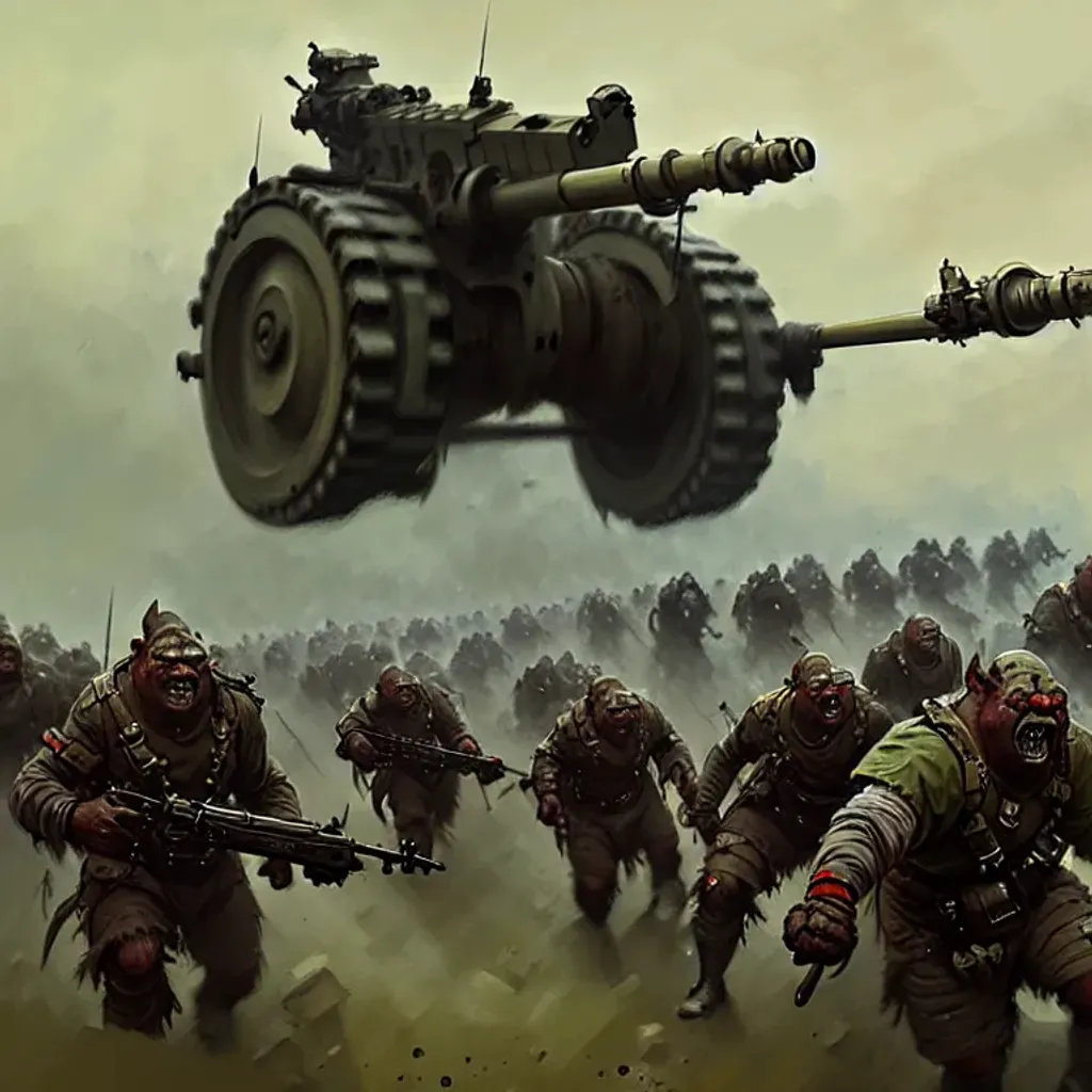 Prompt: orc infantry operating dieselpunk artillery, 4k, digital art, concept art, art by Jakub Rozalski