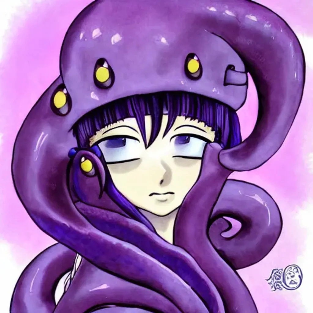 Prompt: Anime Cute elegant Japanese purple Octopus lady, portrait, peaceful, art by studio ghibli, vivid colors, highly detailed, professional, trending on artstation