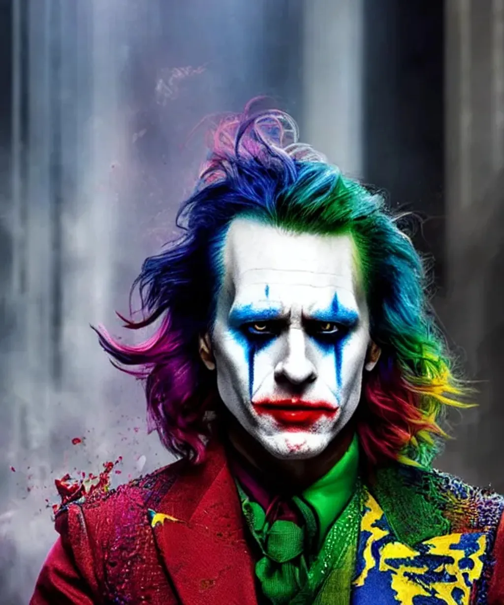 Prompt: vivid dripping colors Jered Leto as Joker, Jered Leto vivid color street level action scene low angle masterpiece, cinematic, dramatic, Artstation, by Frank Frazetta, by H.R. Giger, by Mark Brooks, Octane render, Unreal Engine, by Wētā FX, by WLOP, Filmic, Photography, Photoshoot, Ultra-Wide Angle, Depth of Field, DOF, F/2.8, 5-Dimensional, Everdimensional, Alldimensional, 8K, 32k, Megapixel, CMYK, Adobe RGB, HSV, ProPhoto RGB, Rim Lights, Marquee, Stroboscope, OLED, AMOLED, Quantum Dot Display, Global Illumination, Ray Tracing Global Illumination, Ambient Occlusion, Translucidluminescence, Shadows, Chromatic, Prismatic, Lumen Reflections, Parallax, Quantization, Edge Detection, Textured, Convolution Matrix, Harris Shutter, FXAA, Post Processing, SFX, insanely detailed and intricate, hypermaximalist, elegant, ornate, hyper realistic, super detailed, poster, sharp focus, hyperrealism, insanely detailed, lush detail, filigree, intricate, crystalline, perfectionism, max detail, 4k uhd, spirals, tendrils, ornate, HQ, hard edge, breathtaking, mdjrny-v4 style, highly detailed, tarot card, symmetry, character design, professional