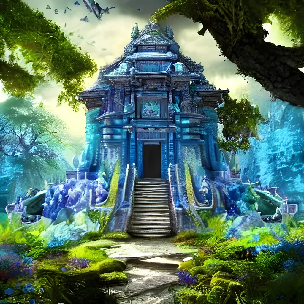 Prompt: magical atmosphere a beautiful and highly detailed matte painting of a mysterious gigantic temple tower filled with blue magical in a magical fantasy forest garden filled with blue magical energy, photorealistic, hyper realism, detailed, concept art, cinematic, deviant art, artstation, colorful vegetation, epic scale, insanely complex