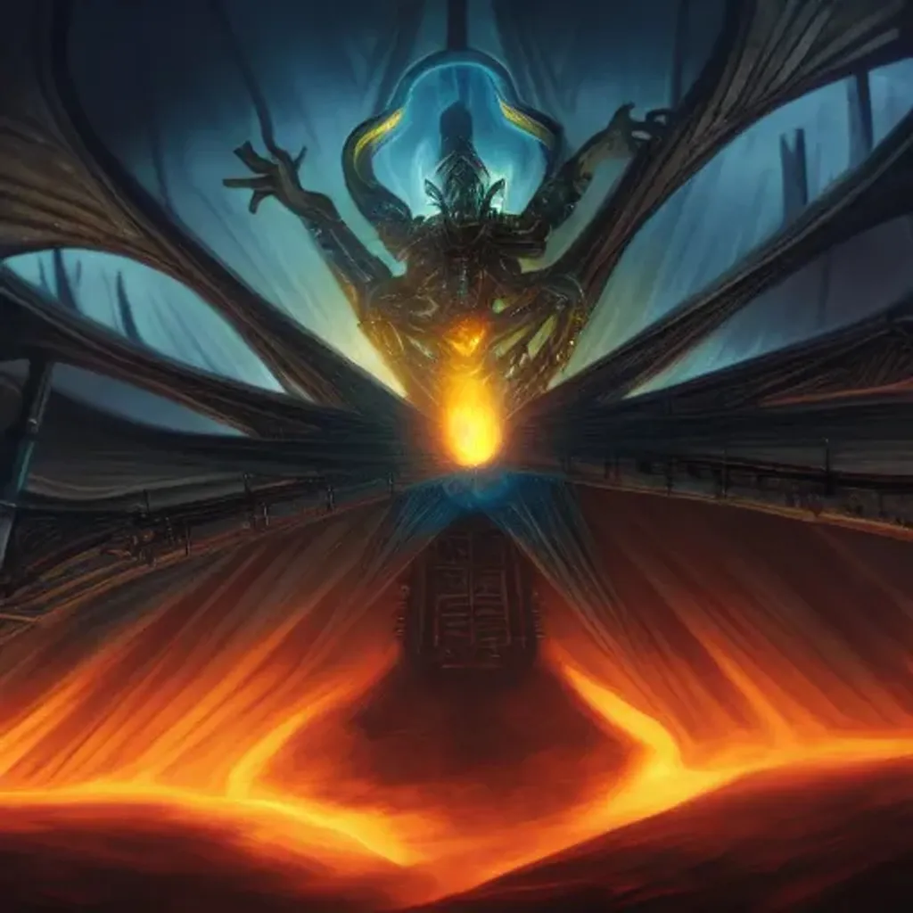 Prompt: Magic the gathering artwork of a Phyrexian mechanical lord rising above an ancient cityscape in black flames, 4k hd