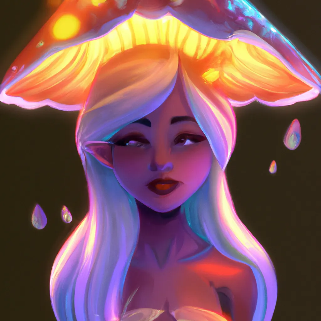 Prompt: Detailed illustration, beautiful mermaid with fin ears, glowing mushroom hat, portrait, key visual, character design, character concept, bright lighting, deep sea, coral reef, fish, High detail,high quality, 8k, fantasy atmosphere, magic, character concept art from a popular video game, animation, pixar, disney, anime, animated, opal pearl tail, shimmering scales