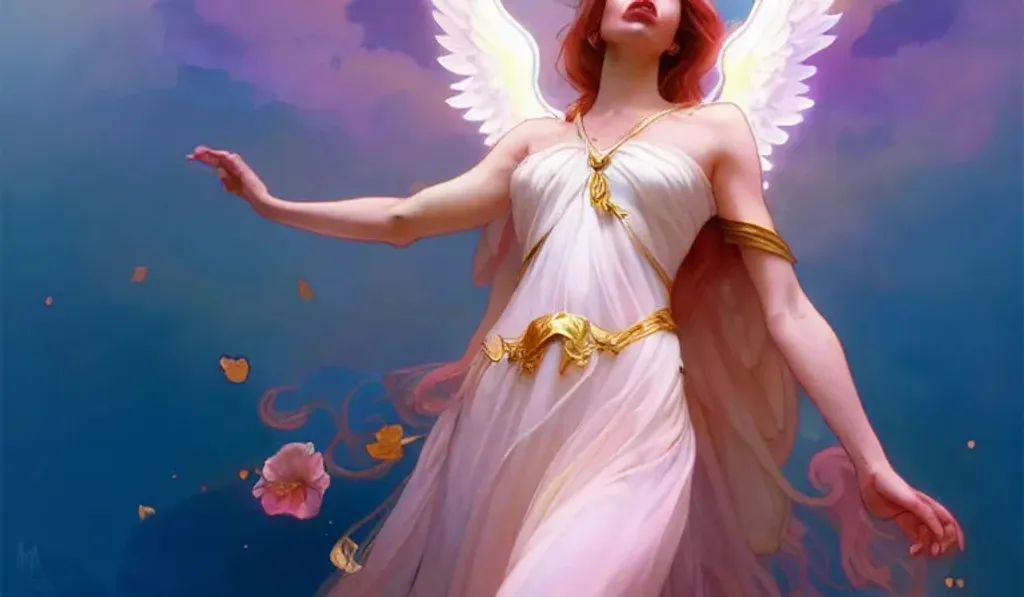 Prompt: Beautiful mayhem, divine chaos, pastel colours, Aphrodite, Disney concept art, elegant, prefect composition, soft cinematic lighting, angelic wings, golden shafts of light, the most beautiful person ever, watercolor illustration by mandy jurgens and alphonse mucha and alena aenami