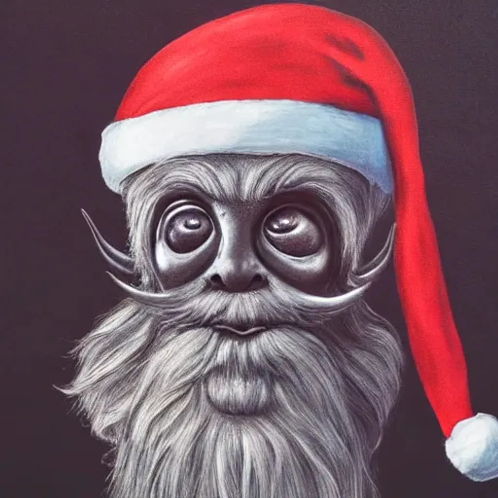 Prompt: Alien Santa Claus, ultra highly detailed,  Chiaroscuro art, sfumato art, tenebrism art,