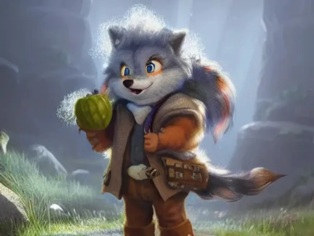 Prompt: High quality, Pixar style, fluffy wolf dressed in farmer clothes, fantasy outfit, fantasy dress, small, adorable!, anthropomorphic ,dnd, rural vibe, adventurer, dramatic lighting, 8k, portrait, cartoon, fine details, 3d render, cinematic ,intricate details, cinematic lighting, character design, character concept, cute, mascot, adventure, dungeons and dragons, 8k, fluffy!, tsaoshin, pixar movie key visual, fantasy, DnD, adorable!, big eyes, animated, disney, anime, animation