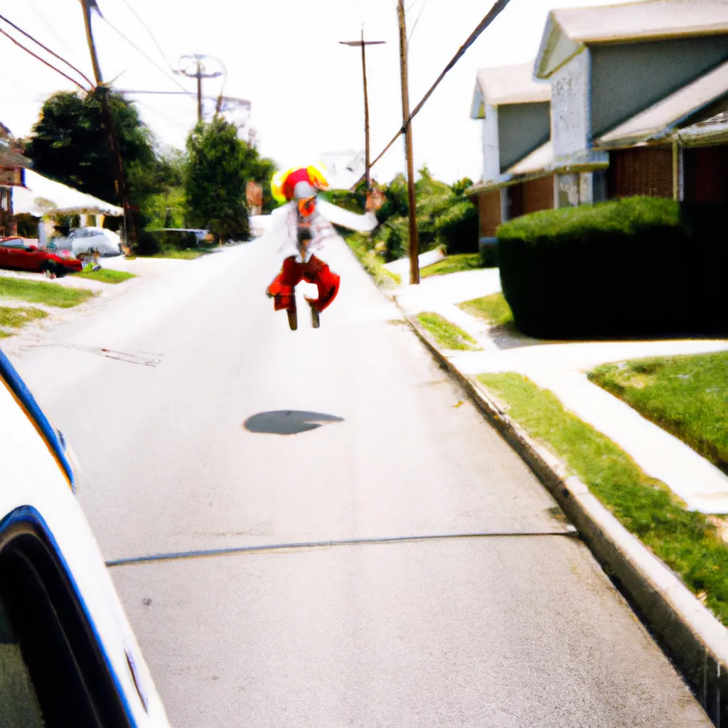 Prompt: 1993 disposable camera photograph of a clown levitating in a suburbs drives way