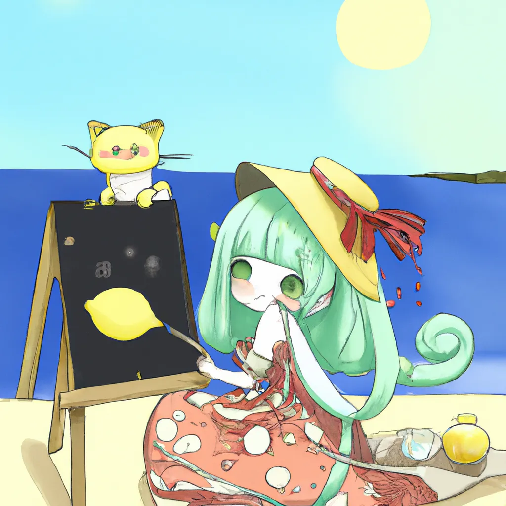 Prompt: Cute Hatsune Miku  lemon cat girl  with kawaii face wearing a love lemon dress with lemon berets is painting  me on a painting board on the beach