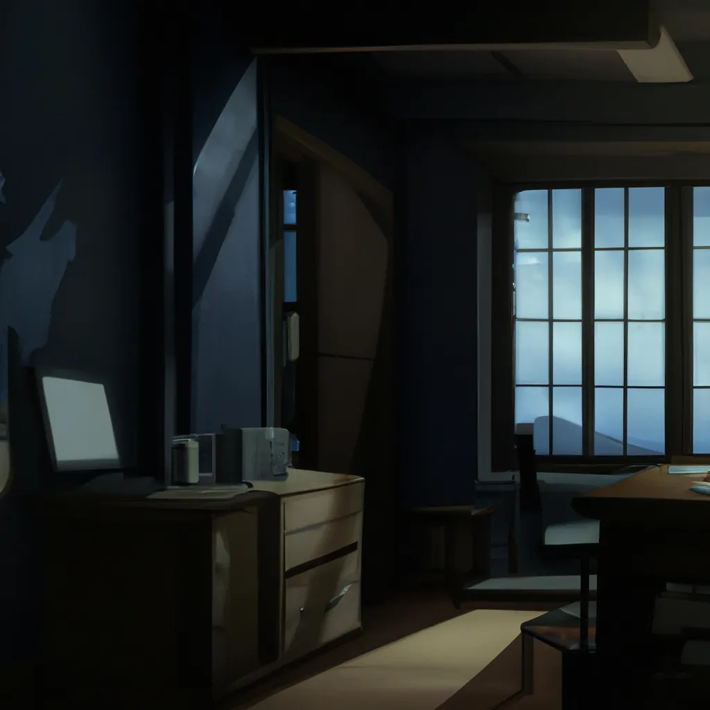 Prompt: a room with a desk and a chair and a window, a matte painting by Makoto Shinkai, pixiv, computer art, anime aesthetic, ominous vibe, anime