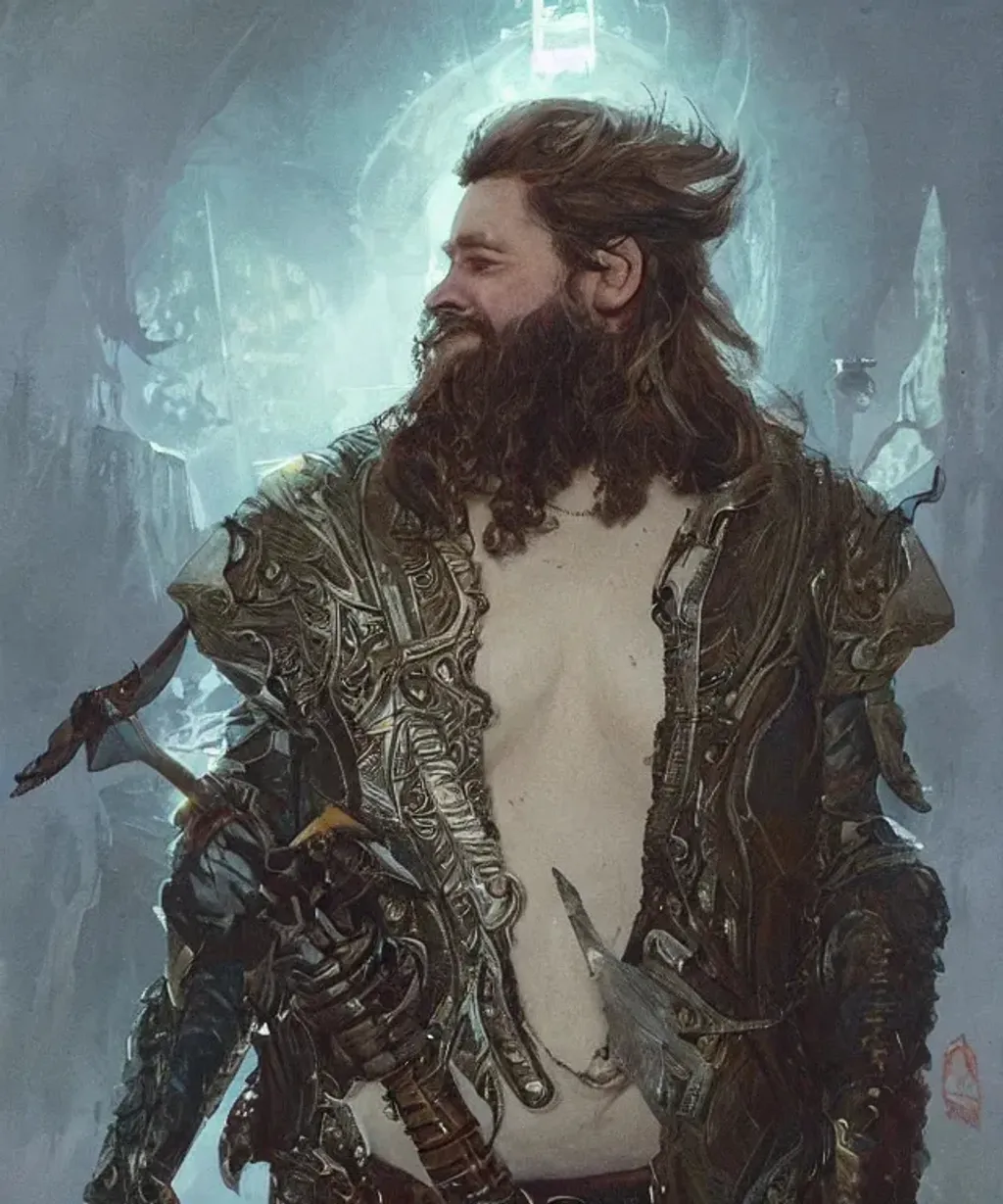 Prompt: A cute K. Trevor Wilson,  intricate wispy beard, a radiant iridescent sword, intricate leather jacket, a crumbling iridescent ancient ruin, art style Greg Rutkowski