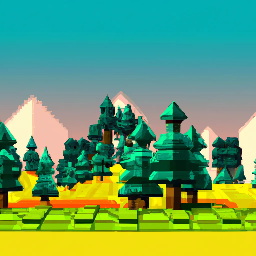 Prompt: low-poly forest landscape, pixel art illustration, bright colors by Matej Jan