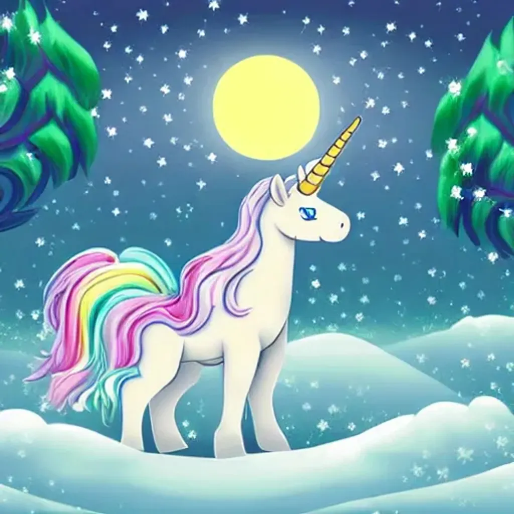 Prompt: unicorn flowing mane in the snow cinematic whimsical cottage pond moon stars fantasy magical mystical, kawaii chibi, cartoon